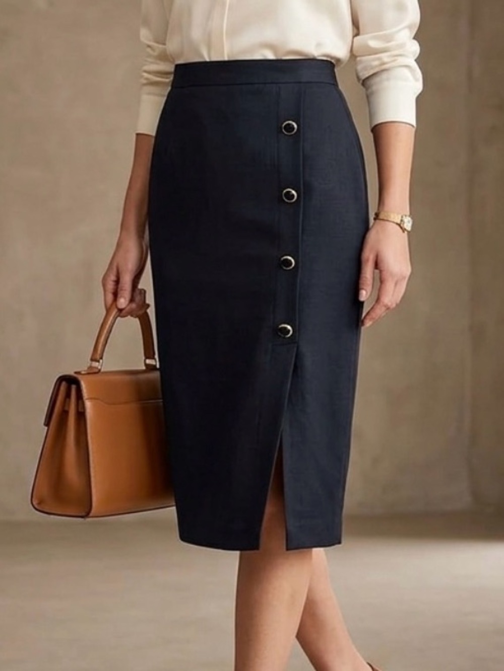 Women’s Black Pencil Skirt with Side Button Detail lined work party chic 1363